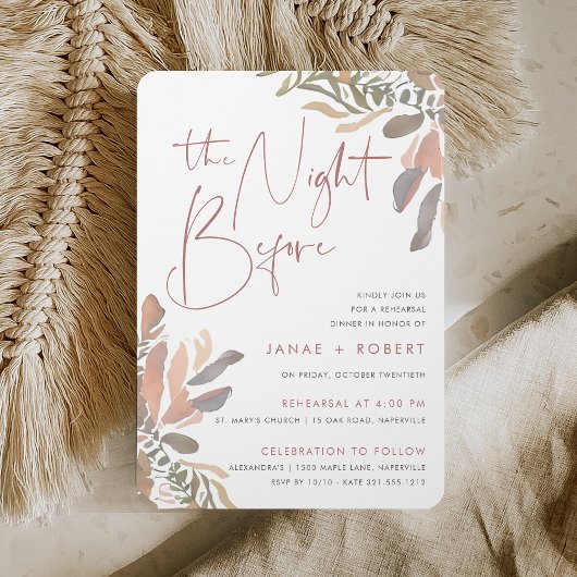 Romantic Neutral Boho Floral Rehearsal Dinner Kaart