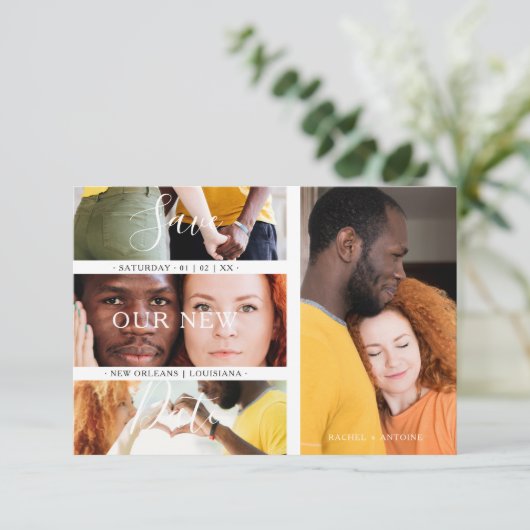 Romantic New Date Wedding Engaged 4 Photos Collage Save The Date (Staand voorkant)
