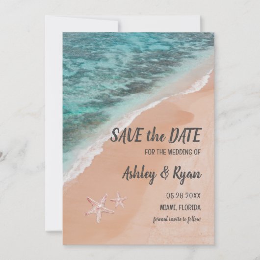 Romantic Ocean Beach Seaside Summer Sand Wedding Save The Date (Voorkant)