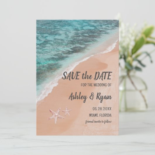 Romantic Ocean Beach Seaside Summer Sand Wedding Save The Date (Staand voorkant)