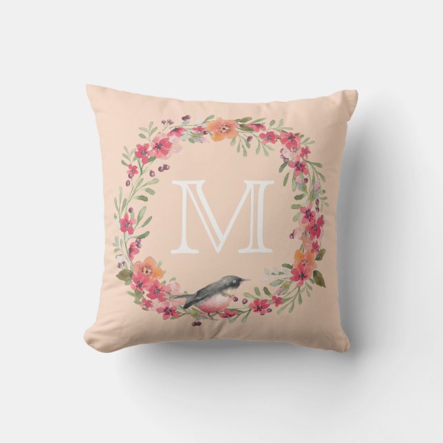 Romantic Oleander Bird Pink Floral Monogram Kussen (Voorkant)