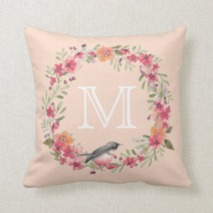 Romantic Oleander Bird Pink Floral Monogram Kussen