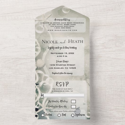Romantic onder het Zee Inky Grey White Wedding All In One Uitnodiging (Binnen)
