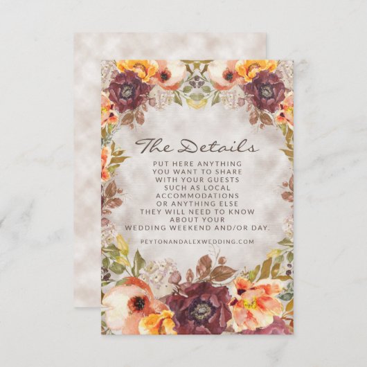 Romantic Oranje Rust Cream Autumn Floral - Gegeven Informatiekaartje (Voorkant / Achterkant)