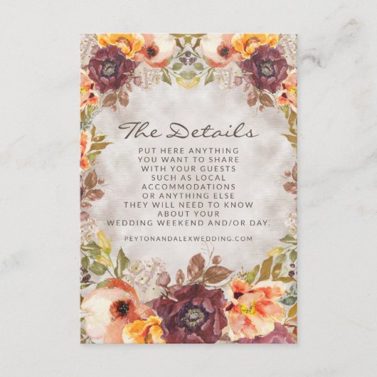 Romantic Oranje Rust Cream Autumn Floral - Gegeven Informatiekaartje (Voorkant)