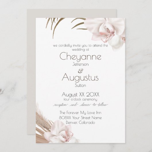 Romantic Orchids en Pampas Grass Wedding Kaart (Voorkant / Achterkant)