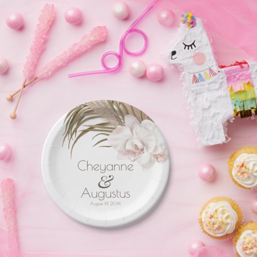 Romantic Orchids en Pampas Grass Wedding Papieren Bordje (Feest)