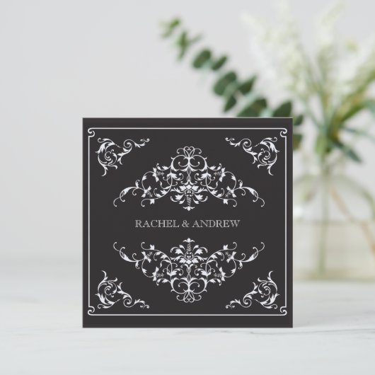 Romantic Ornaments Wedding Black Kaart (Staand voorkant)