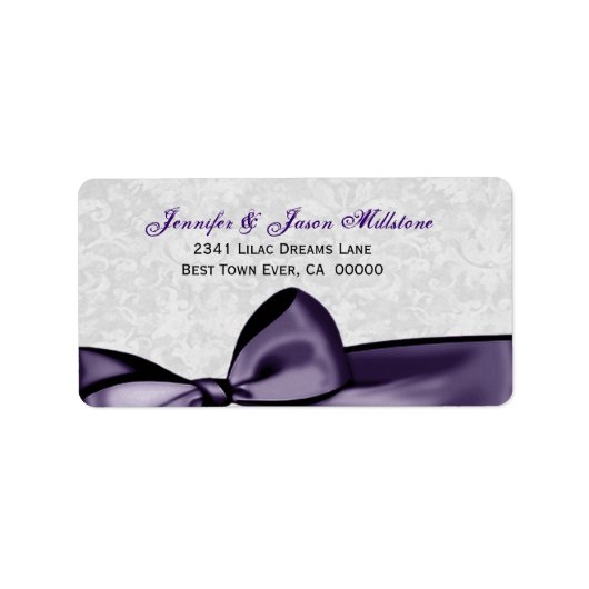 Romantic Paars Bow SIlver Damask Wedding Etiket (Voorkant)