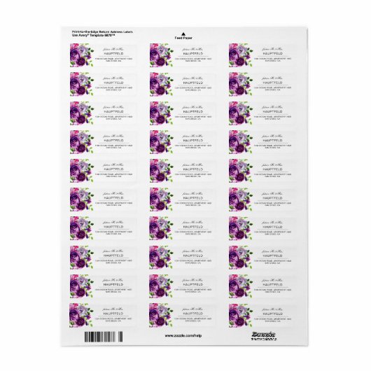 Romantic Paars Floral Return Address Label (Full Sheet)