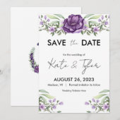 Romantic Paarse Floral en Greenery sparen de datum Kaart (Voorkant / Achterkant)
