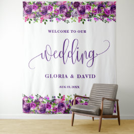 Romantic Paarse Floral Weddenschap Welkomstteken Wandkleed