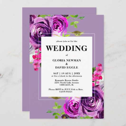 Romantic Paarse Floral Wedding Kaart (Voorkant / Achterkant)