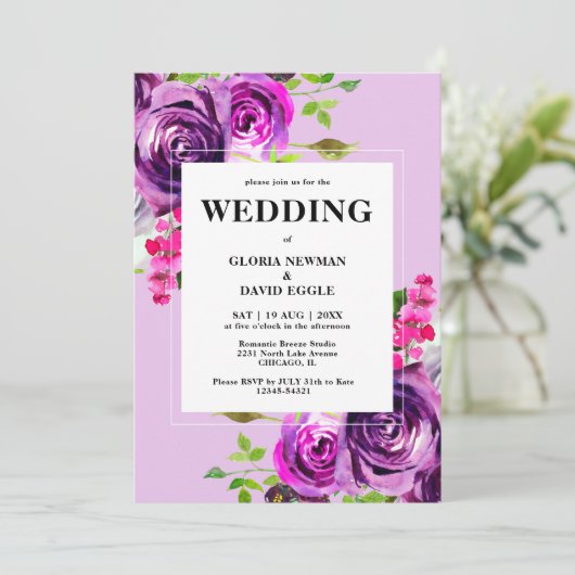 Romantic Paarse Floral Wedding Kaart (Staand voorkant)