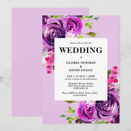 Romantic Paarse Floral Wedding Kaart (Voorkant / Achterkant)