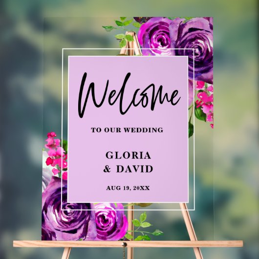 Romantic Paarse Floral Wedding Welkomstschuimbord Acryl Bord (Neutraal)