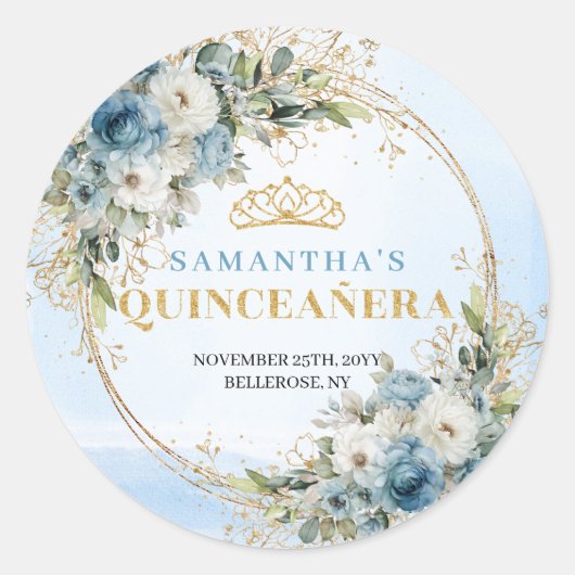 Romantic Pale Blue Gold Eucalyptus 15th Birthday  Ronde Sticker (Voorkant)