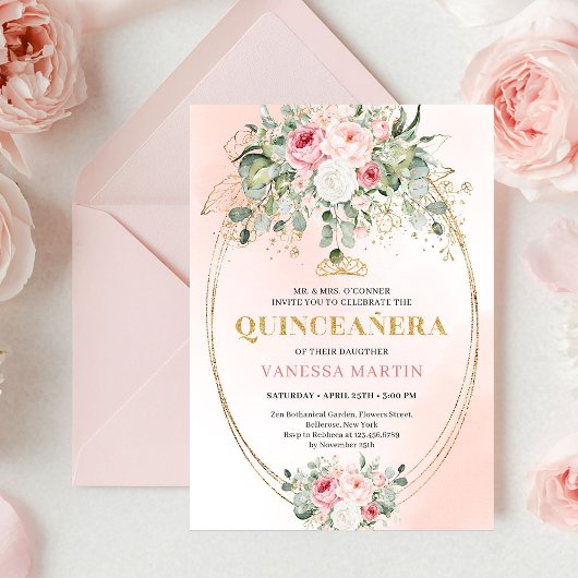 Romantic Pale Pink Eucalyptus Quinceañera Invite Kaart