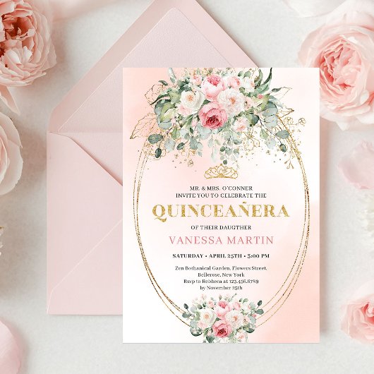 Romantic Pale Pink Rose Gold Quinceañera Card Kaart