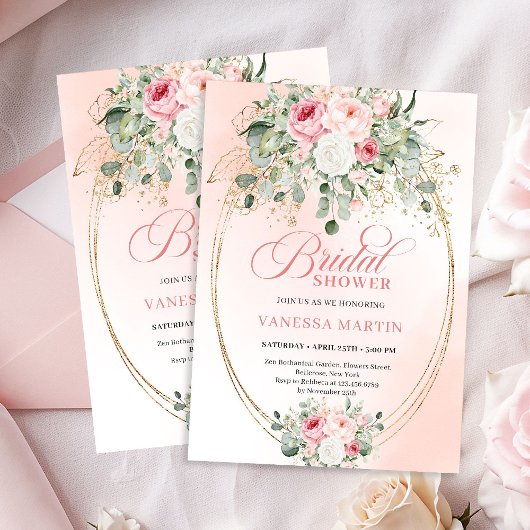 Romantic Pale Pink Roses Bridal Shower Invitation Kaart