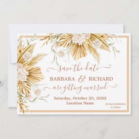 Romantic Pampas Grass Floral Wedding Save Date Kaart (Voorkant)