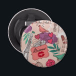 Romantic Paris Collage Button Flesopener<br><div class="desc">Cute romantic roze Paris art collage.</div>