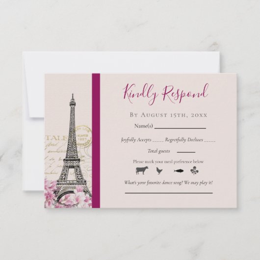 Romantic Paris Eiffel Tower Pink Blossom Bourgogne RSVP Kaartje (Voorkant)