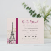 Romantic Paris Eiffel Tower Pink Blossom Bourgogne RSVP Kaartje (Staand voorkant)