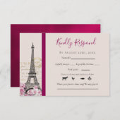 Romantic Paris Eiffel Tower Pink Blossom Bourgogne RSVP Kaartje (Voorkant / Achterkant)
