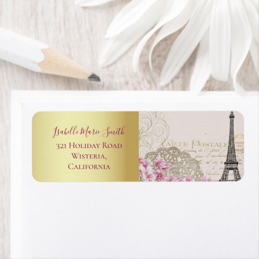 Romantic Paris Eiffel Tower Pink Blossom Gold Etiket (Insitu)