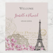 Romantic Paris Eiffel Tower Pink Spring Blossom Wijn Etiket (Enkel label)