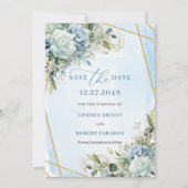 Romantic Pastel Blue Floral Gold Save The Date Kaart (Voorkant)