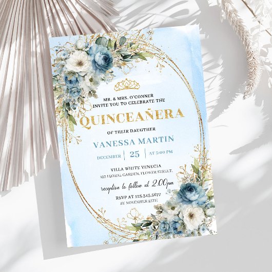 Romantic Pastel Blue Gold Eucalyptus Quinceañera Kaart