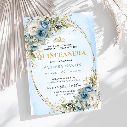 Romantic Pastel Blue Gold Eucalyptus Quinceañera   Kaart