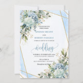 Romantic Pastel Blue Gold Flowers Wedding Invite Kaart (Voorkant)