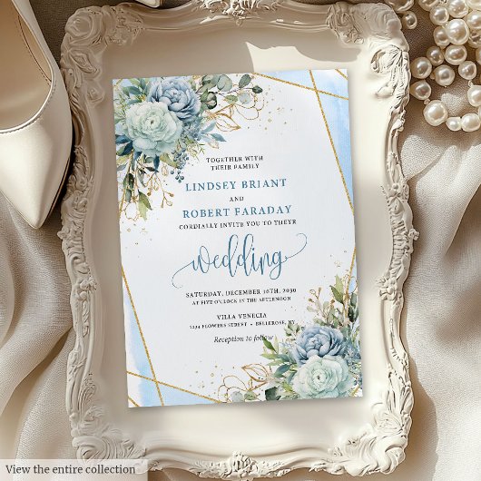 Romantic Pastel Blue Gold Flowers Wedding Invite Kaart