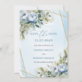 Romantic Pastel Blue White Gold Floral Save Date Kaart (Voorkant)