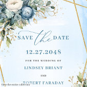 Romantic Pastel Blue White Gold Floral Save Date Kaart