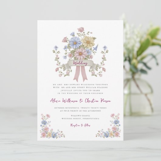 Romantic Pastel Floral all in one wedding qr code Kaart (Staand voorkant)