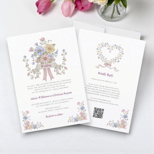 Romantic Pastel Floral all in one wedding qr code  Kaart