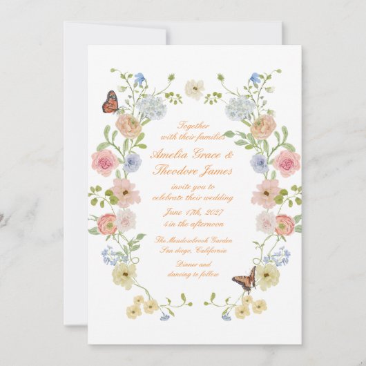 Romantic Pastel Floral Garden Wedding Invitation Kaart (Voorkant)