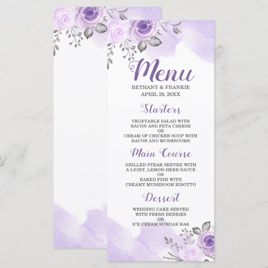 Romantic Pastel Paars Floral Chic Wedding Menu (Voorkant / Achterkant)