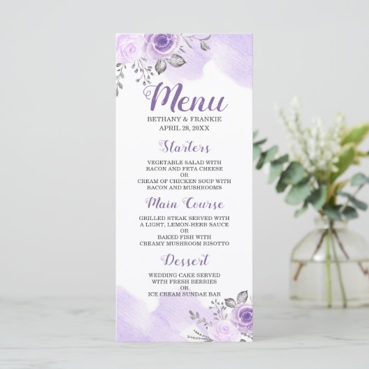 Romantic Pastel Paars Floral Chic Wedding Menu (Staand voorkant)