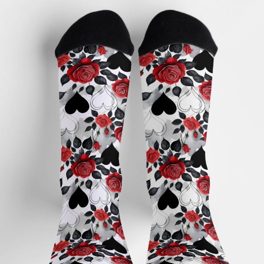 Romantic Patterned Red Roses and Black Hearts Sokken (Top)