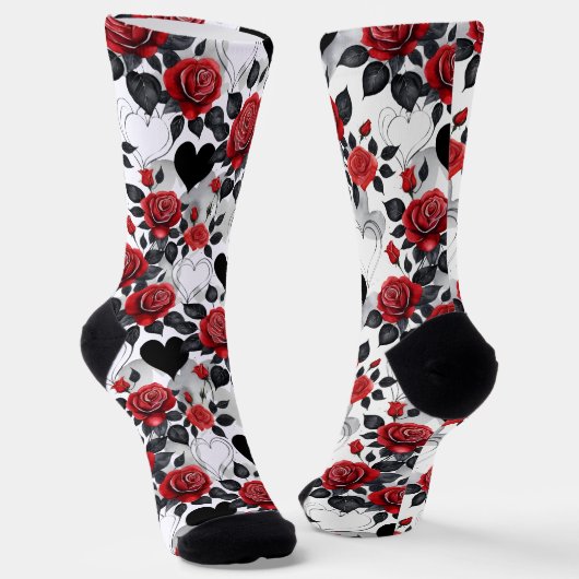 Romantic Patterned Red Roses and Black Hearts Sokken (Gebogen)