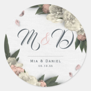 Romantic Peach en White Floral Peonies Ronde Sticker