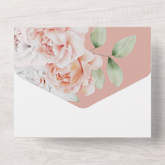 Romantic Peach en White Flowers All In One Uitnodiging (Achterkant)
