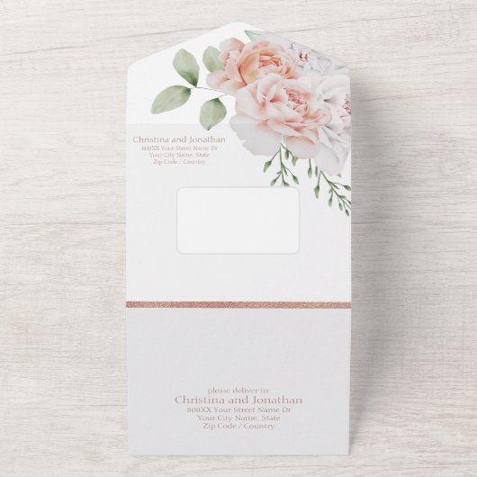 Romantic Peach en White Waterverf Flowers All In One Uitnodiging (Buitenkant)