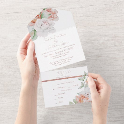 Romantic Peach en White Waterverf Flowers All In One Uitnodiging (Afscheurbaar)