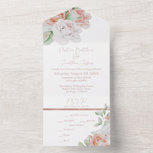 Romantic Peach en White Waterverf Flowers All In One Uitnodiging (Binnen)